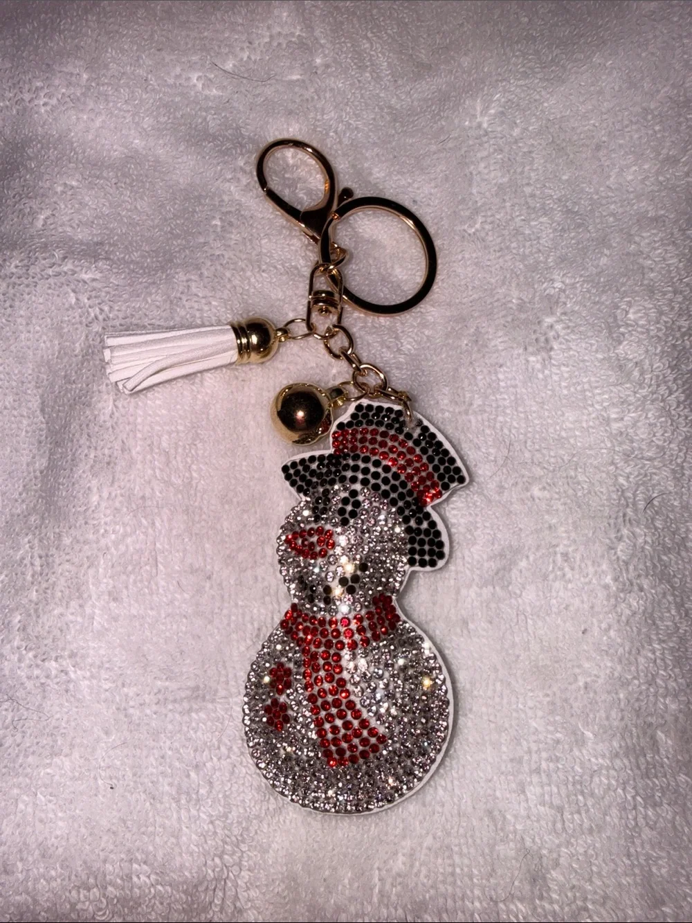 Crystal Snowman Keychain Charm with Tassel - Gold Hardware, White & Red
